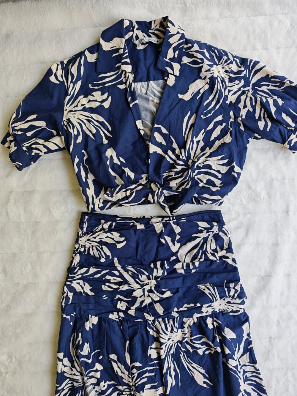 ZARA Blue Tropical Palm Print Matching Set XS/S Crop Tie Top & Midi Wrap Skirt R - Picture 7 of 16
